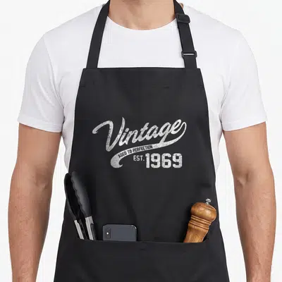 Funny 49th birthday apron - White distressed text reading Vintage Aged To Perfection EST 1969 on black fabric — shown on a black cotton canvas apron against a white background