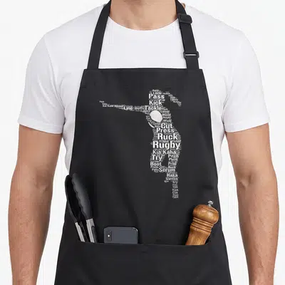 Funny player rugby apron - White word cloud silhouette of a rugby player formed by terms like tackle, ruck, and haka — shown on a black cotton canvas apron against a white background
