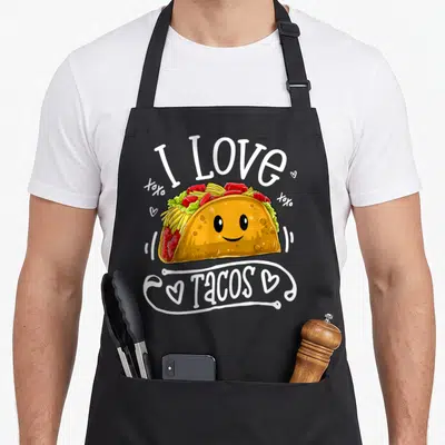 Taco mexico apron - Cartoon smiling taco with I Love Tacos text and xoxo hearts in white yellow red green — shown on a black cotton canvas apron against a white background