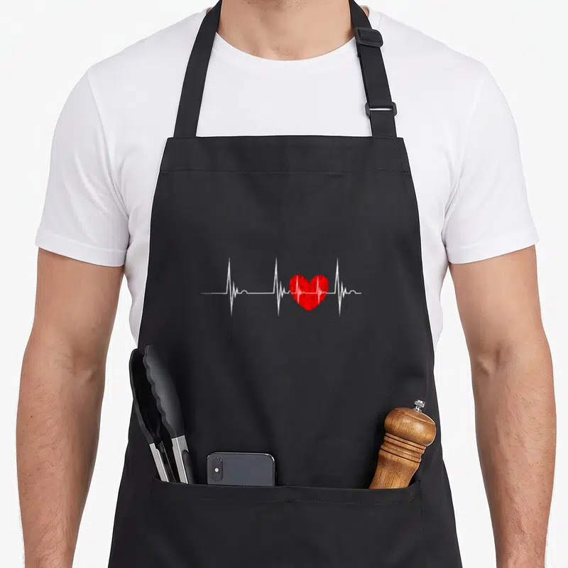 Heartbeat surgeon apron - White ECG pulse line with integrated red heart graphic on dark background — shown on a black cotton canvas apron against a white background