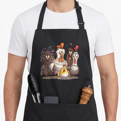 Funny family chicken apron - Five cartoon chickens in white, brown, grey, yellow, and multi-colored feathers facing — shown on a black cotton canvas apron against a white background