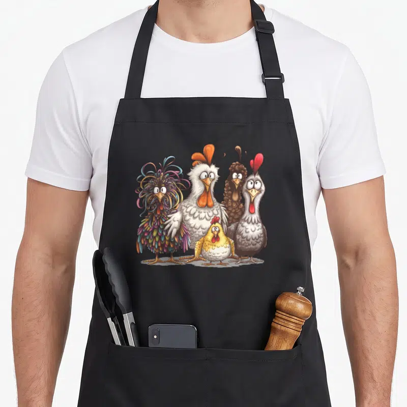 Funny family chicken apron - Five cartoon chickens in white, brown, grey, yellow, and multi-colored feathers facing — shown on a black cotton canvas apron against a white background