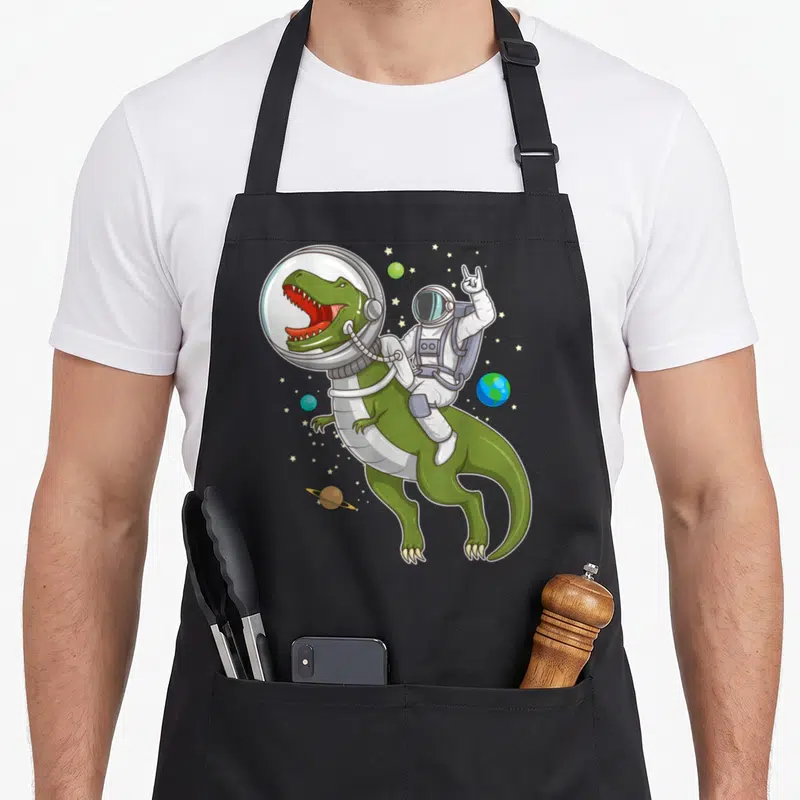 Astronaut dinosaur apron - Cartoon astronaut riding green dinosaur in space with planets and stars — shown on a black cotton canvas apron against a white background
