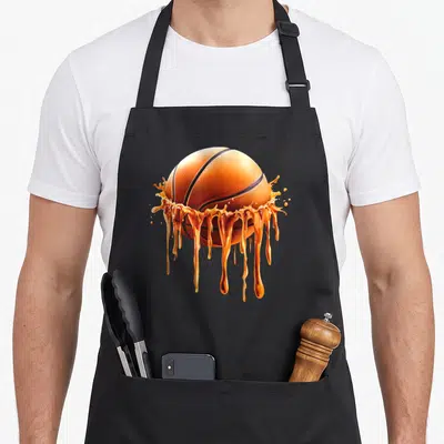 Funny basketball drip apron - Realistic orange basketball surrounded by splashing liquid drips and black lines — shown on a black cotton canvas apron against a white background