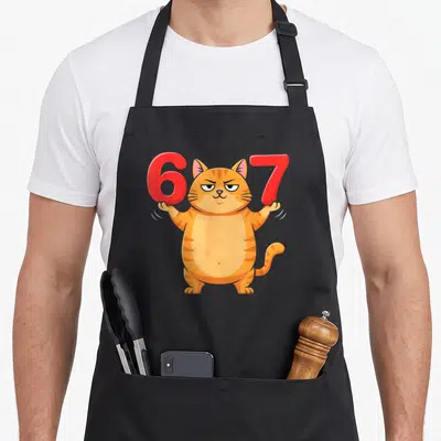 Six cat apron - Grumpy orange cartoon cat holding large red numbers 6 and 7 — shown on a black cotton canvas apron against a white background