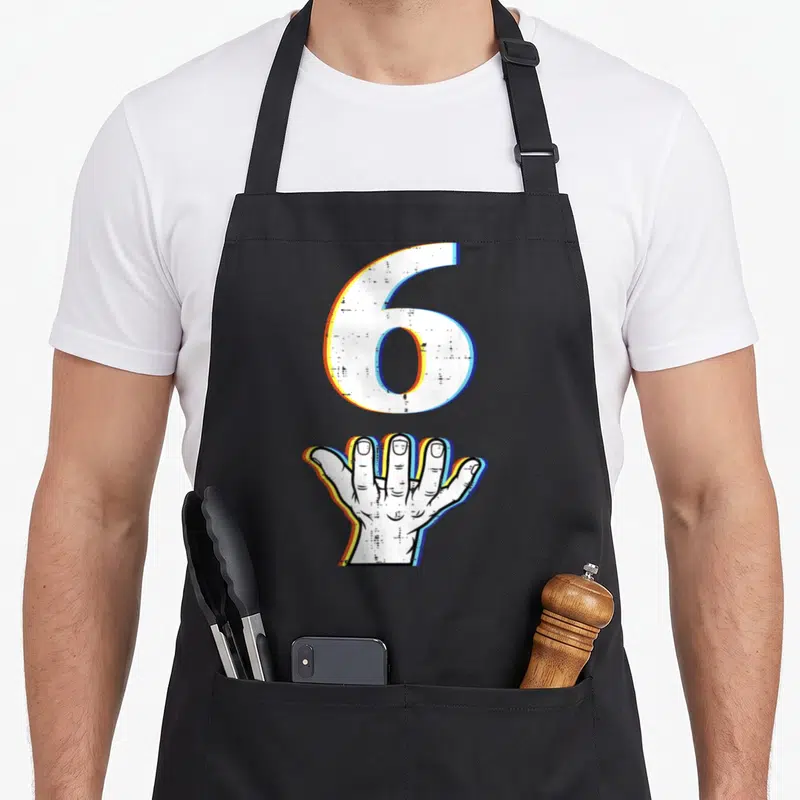 Meme costume halloween apron - Distressed number 6 above open palm with chromatic aberration color offsets — shown on a black cotton canvas apron against a white background
