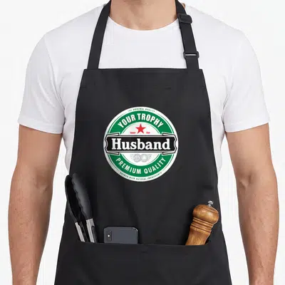 Married husband apron - Circular beer label design with YOUR TROPHY Husband text in green white black and red — shown on a black cotton canvas apron against a white background
