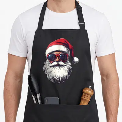 Face santa claus apron - Cartoon Santa head with red sunglasses and white beard on red hat — shown on a black cotton canvas apron against a white background