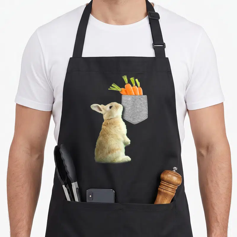 Reaching bunny apron - Tan rabbit standing next to grey pocket containing four orange carrots with green tops — shown on a black cotton canvas apron against a white background