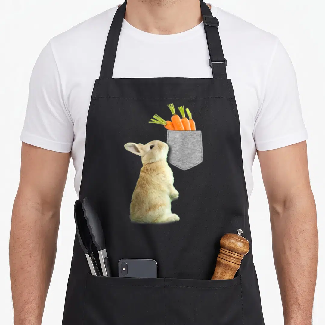 Reaching bunny apron - Tan rabbit standing next to grey pocket containing four orange carrots with green tops — shown on a black cotton canvas apron against a white background