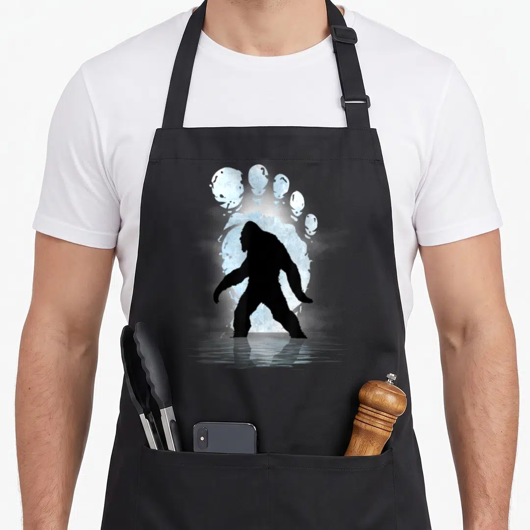 Footprint bigfoot apron - Black Bigfoot silhouette standing before a glowing light blue footprint reflected in water — shown on a black cotton canvas apron against a white background