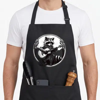 Bluegrass cottagecore apron - Line-art raccoon playing guitar inside circular frame with trees and grass — shown on a black cotton canvas apron against a white background