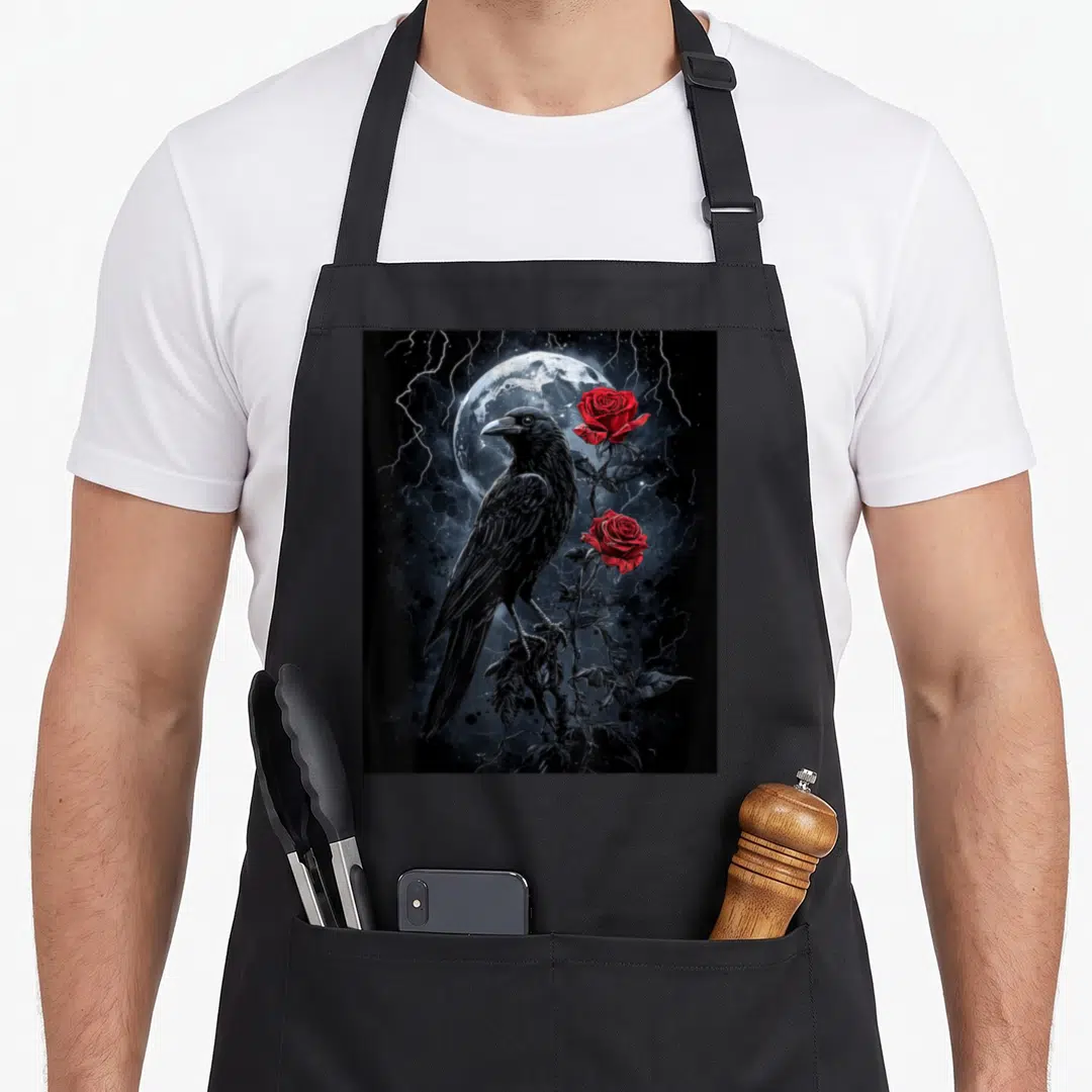 Scary gothic apron - Realistic raven on branch with two red roses and lightning before a white moon — shown on a black cotton canvas apron against a white background