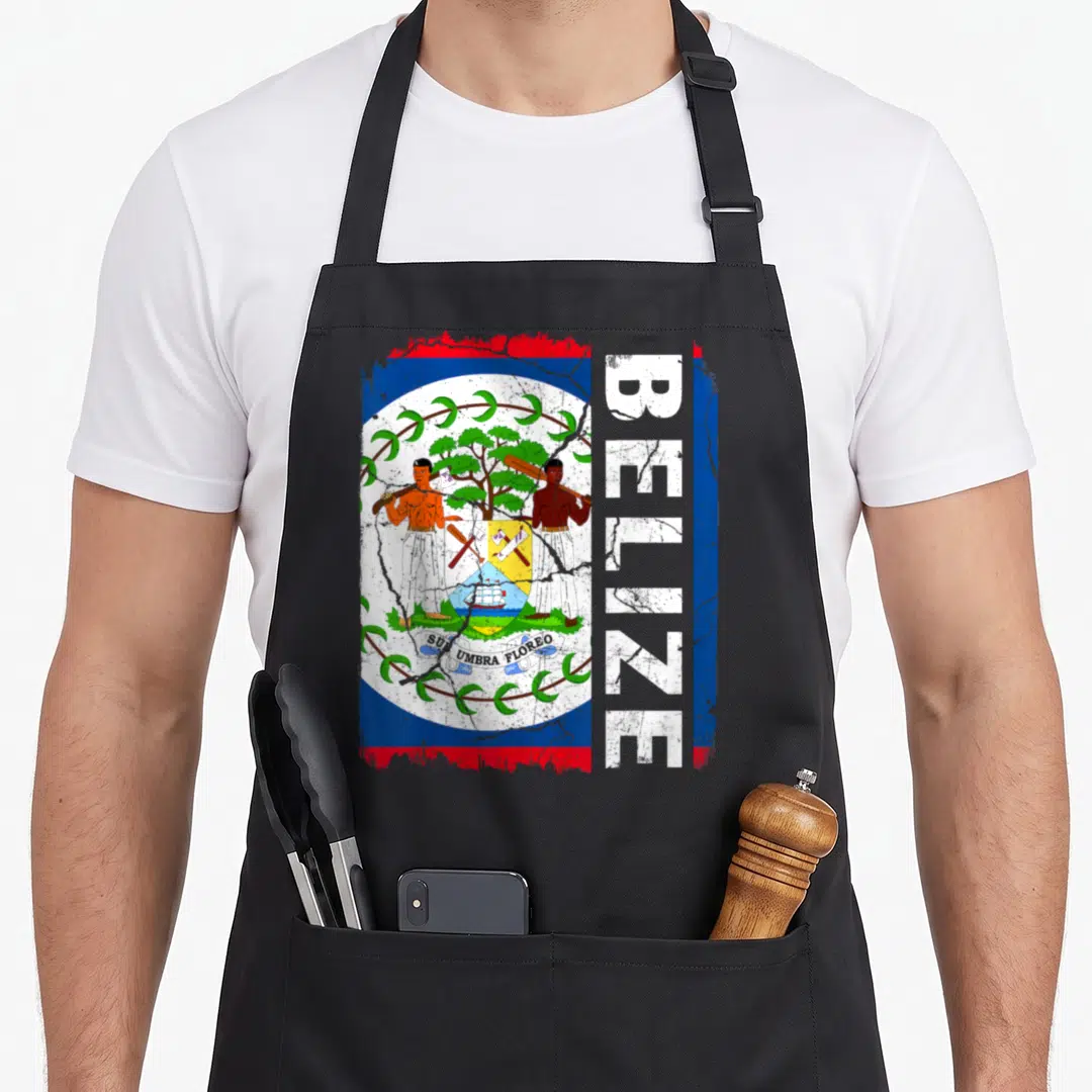 Belizean pride apron - Distressed Belize flag with vertical BELIZE text and coat of arms showing two men under tree — shown on a black cotton canvas apron against a white background