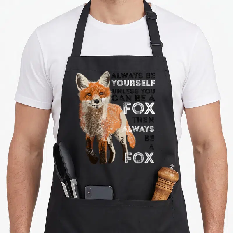 Alway fox aprons - Cartoon fox illustration next to stacked text reading ALWAYS BE YOURSELF UNLESS YOU CAN BE A FOX — shown on a black cotton canvas apron against a white background