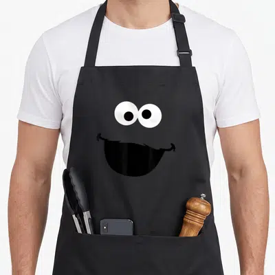 Face cookie monster apron - Black bib apron with two white eyes and a wide black smiling mouth — shown on a black cotton canvas apron against a white background