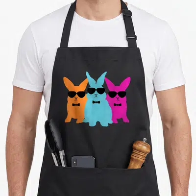 Hipster easter bunny aprons - Three cartoon rabbits in orange, blue, and pink wearing black sunglasses and bow ties — shown on a black cotton canvas apron against a white background