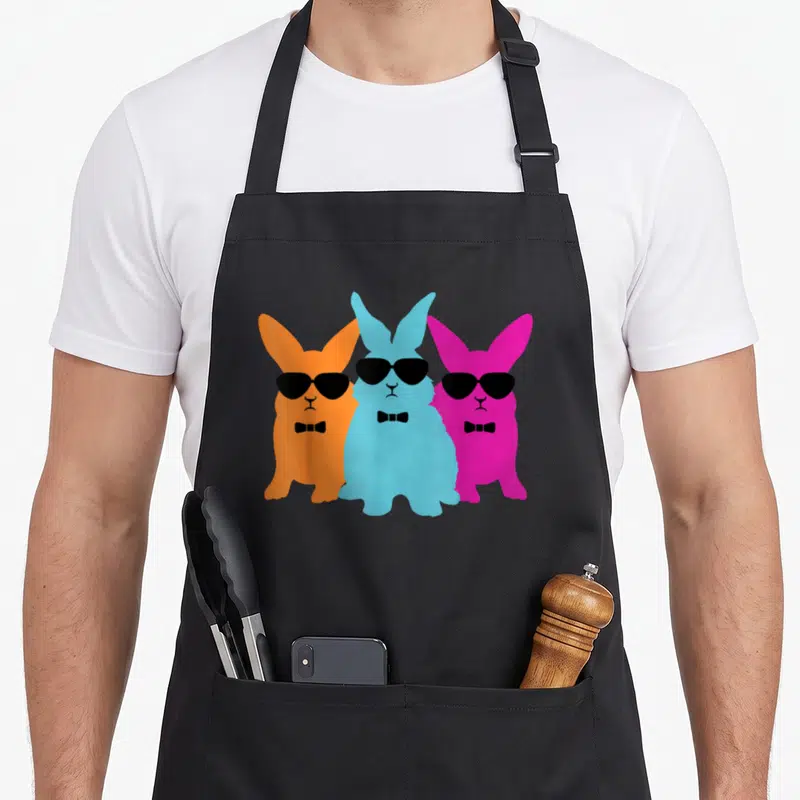 Hipster easter bunny aprons - Three cartoon rabbits in orange, blue, and pink wearing black sunglasses and bow ties — shown on a black cotton canvas apron against a white background