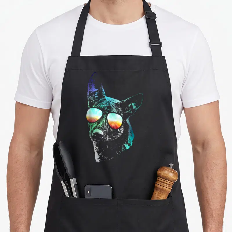 Disco dutch apron - Stylized dog head with sunglasses reflecting a sunset in blue, cyan, orange, and white gradients — shown on a black cotton canvas apron against a white background
