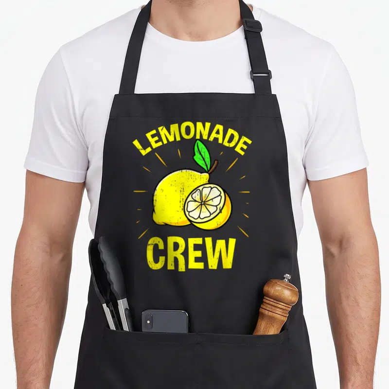 Funny crew lemonade apron - Arched LEMONADE CREW text over yellow cartoon lemon and slice with green leaf — shown on a black cotton canvas apron against a white background