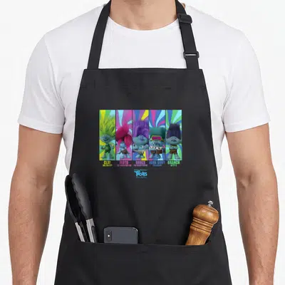 Band troll apron - Five Trolls characters in colored sunburst strips with names Clay Branch and John Dory below — shown on a black cotton canvas apron against a white background