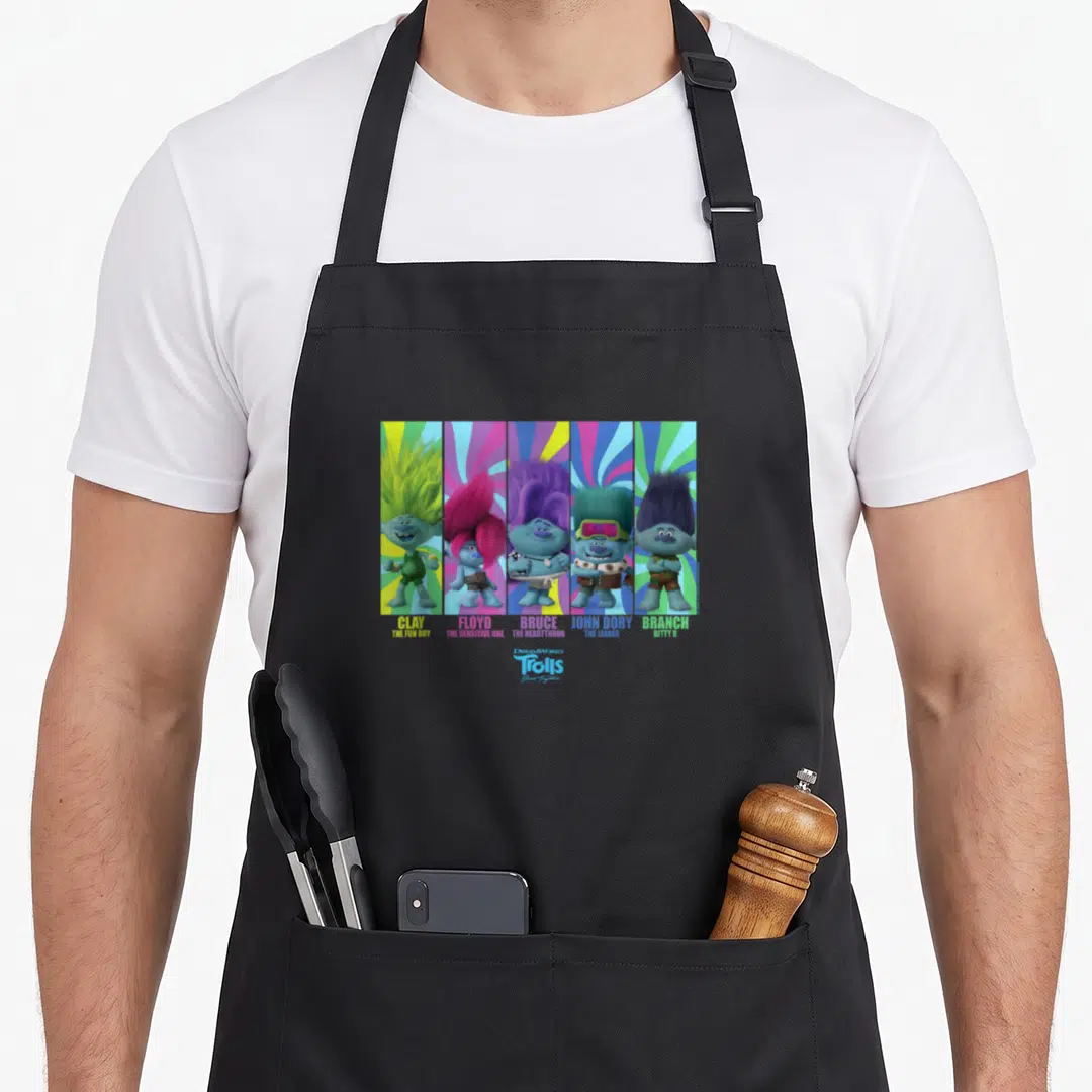 Band troll apron - Five Trolls characters in colored sunburst strips with names Clay Branch and John Dory below — shown on a black cotton canvas apron against a white background