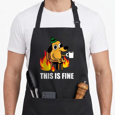 Fine san francisco apron - Cartoon tan dog in green hat sitting in chair with mug surrounded by fire and text THIS IS — shown on a black cotton canvas apron against a white background
