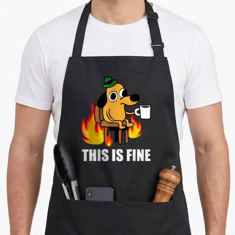 Fine san francisco apron - Cartoon tan dog in green hat sitting in chair with mug surrounded by fire and text THIS IS — shown on a black cotton canvas apron against a white background
