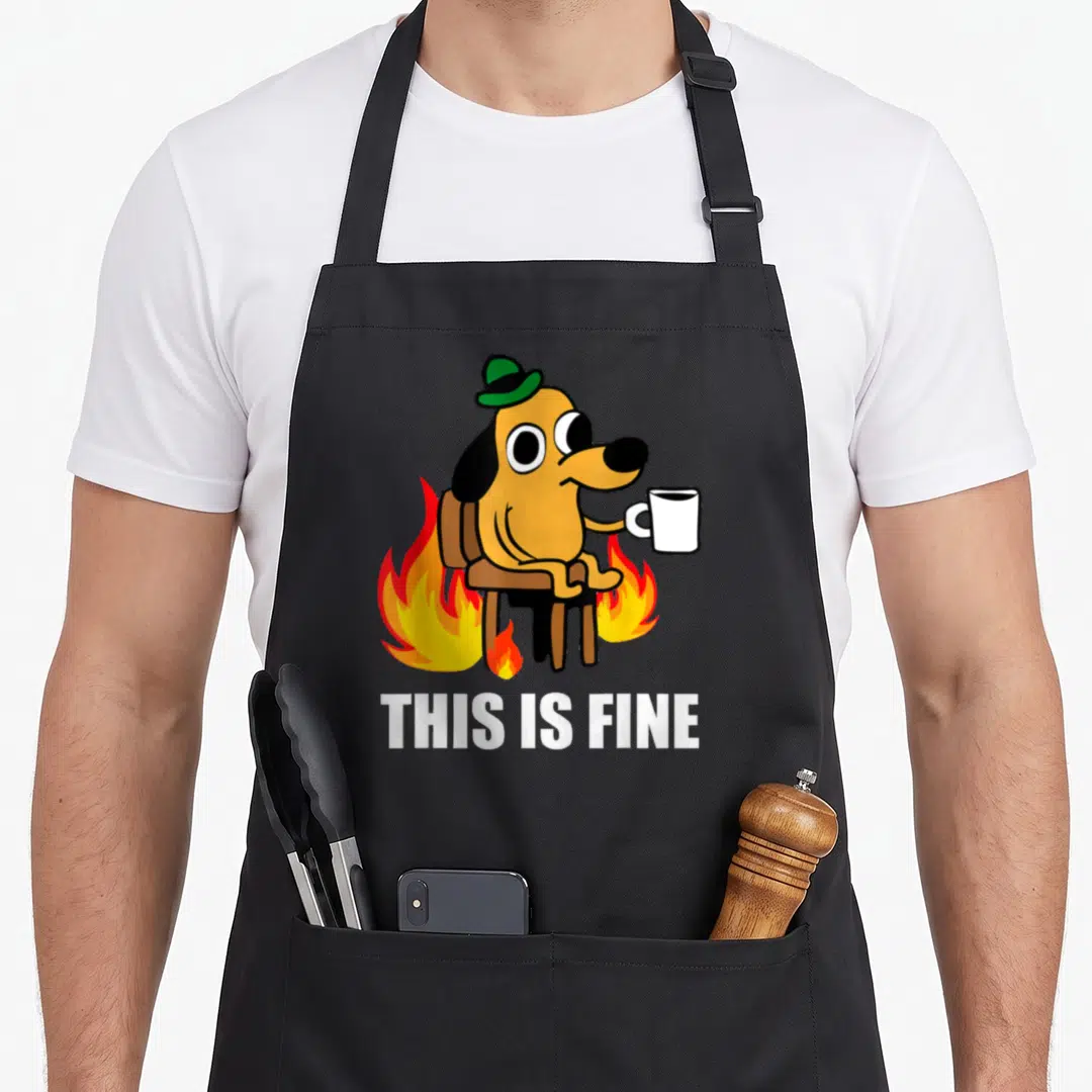 Fine san francisco apron - Cartoon tan dog in green hat sitting in chair with mug surrounded by fire and text THIS IS — shown on a black cotton canvas apron against a white background