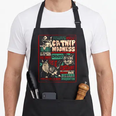 Madness funny cat aprons - Distressed catnip madness text with three cats and birds inside a red rectangular border — shown on a black cotton canvas apron against a white background
