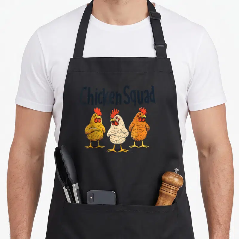 Squad chicken apron - Three cartoon chickens with red combs standing under arched Chicken Squad text — shown on a black cotton canvas apron against a white background