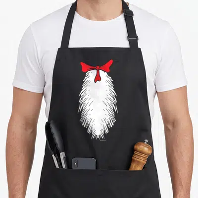 Belly cat apron - White beard graphic with red bow knot centered on grey background — shown on a black cotton canvas apron against a white background