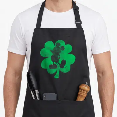 Shamrock mice looks apron - Grey Mickey Mouse silhouette inside a green distressed shamrock — shown on a black cotton canvas apron against a white background