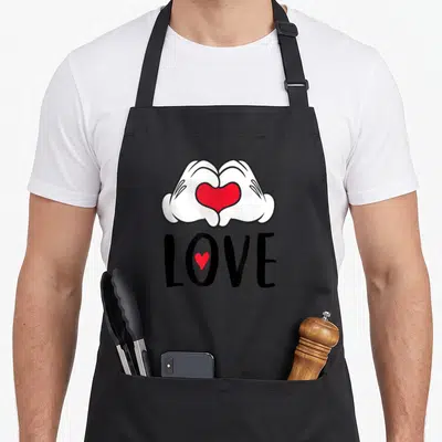 Hand mouse lover apron - Two white cartoon hands form a heart around a red center above black LOVE text with a small — shown on a black cotton canvas apron against a white background