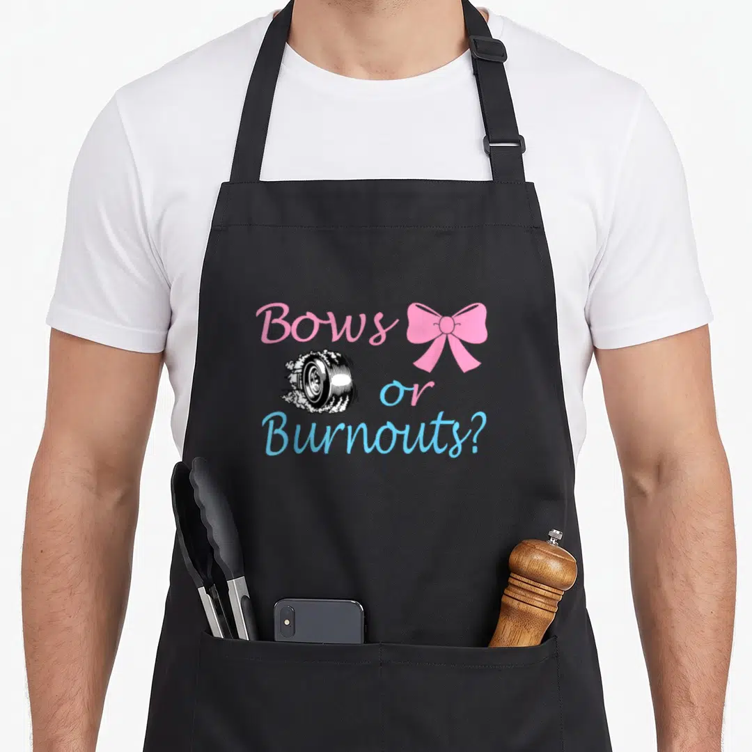 Car bow apron - Pink bow and smoking tire graphic with Bows or Burnouts text — shown on a black cotton canvas apron against a white background