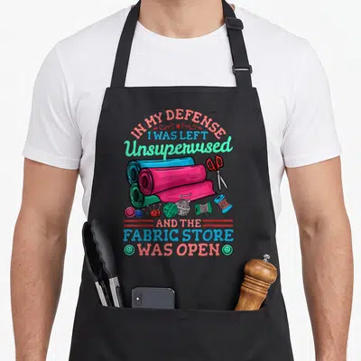 Quilting quilter apron - Cartoon fabric rolls and sewing supplies with text about being left unsupervised at a fabric — shown on a black cotton canvas apron against a white background