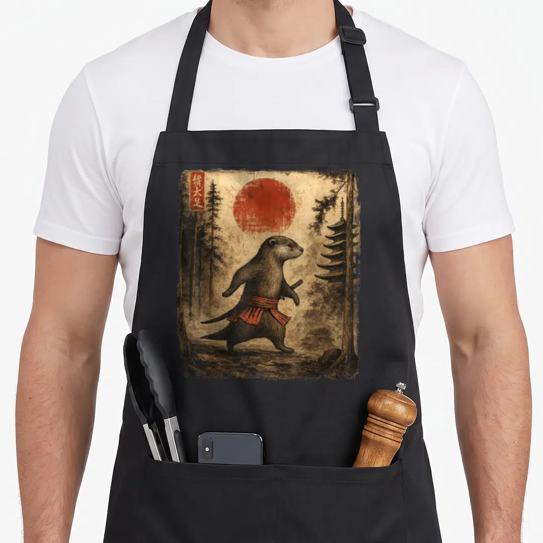 Samurai riding dinosaur apron - Realistic otter dressed as samurai with red sash, standing near pagoda under red sun — shown on a black cotton canvas apron against a white background