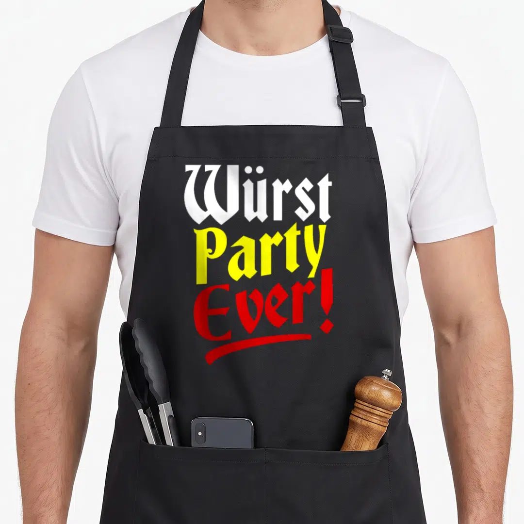Funny oktoberfest sausage apron - Stacked Wurst Party Ever text in white, yellow, and red gothic fonts with red — shown on a black cotton canvas apron against a white background