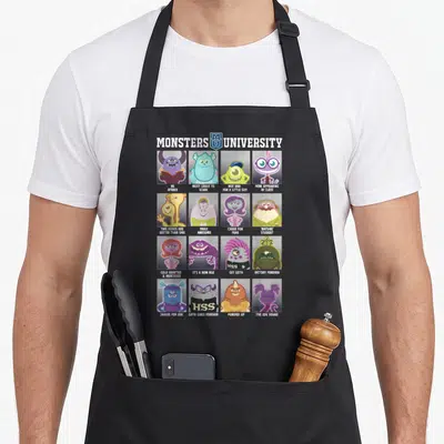 Monster box apron - Monsters University class photo grid with sixteen monsters and captions in purple blue and green — shown on a black cotton canvas apron against a white background
