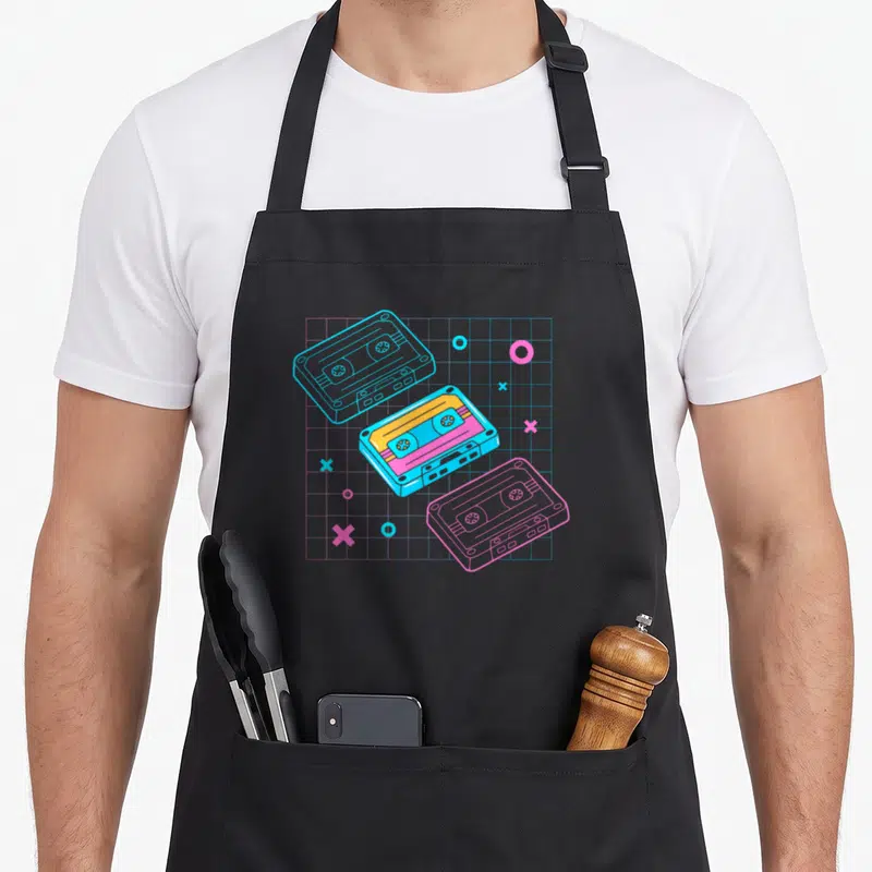 Cassette retrowave apron - Three cyan pink and yellow cassette tapes on a retro grid with geometric shapes — shown on a black cotton canvas apron against a white background