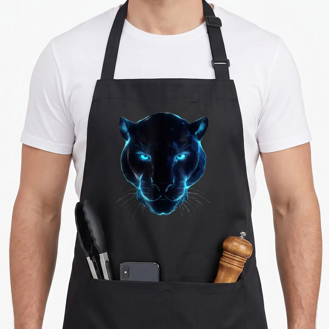 Light leopard apron - Realistic black panther head with neon blue glowing outlines and bright blue eyes — shown on a black cotton canvas apron against a white background