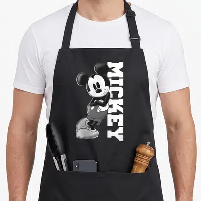 Cute lean best friend aprons - Grayscale Mickey Mouse leaning against vertical white MICKEY text — shown on a black cotton canvas apron against a white background