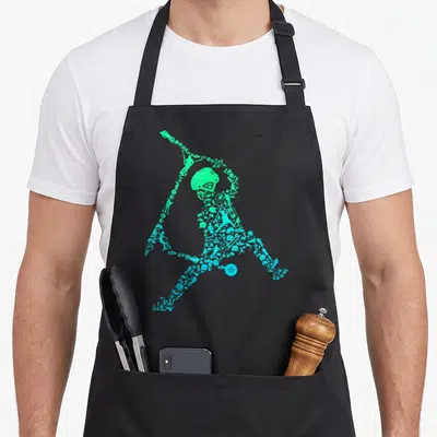 Cute stunt scooter apron - Mosaic silhouette of an athlete composed of green and blue fitness icons — shown on a black cotton canvas apron against a white background