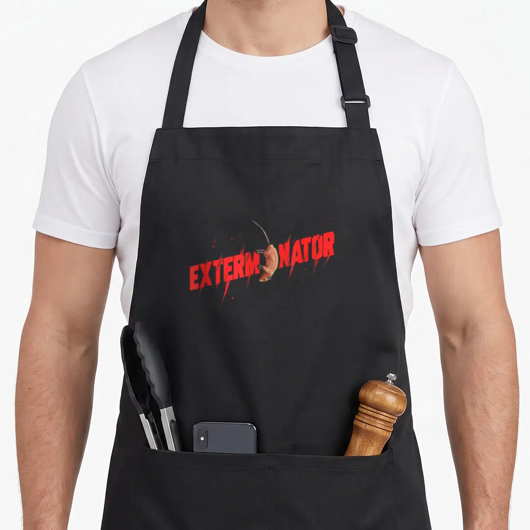 Pest animal mouse apron - Red EXTERMINATOR text with a brown dead rodent and red splatter marks — shown on a black cotton canvas apron against a white background