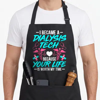 Became technician life apron - Stacked cyan dialysis tech text with pink caducei stethoscope heart and bandage medical — shown on a black cotton canvas apron against a white background