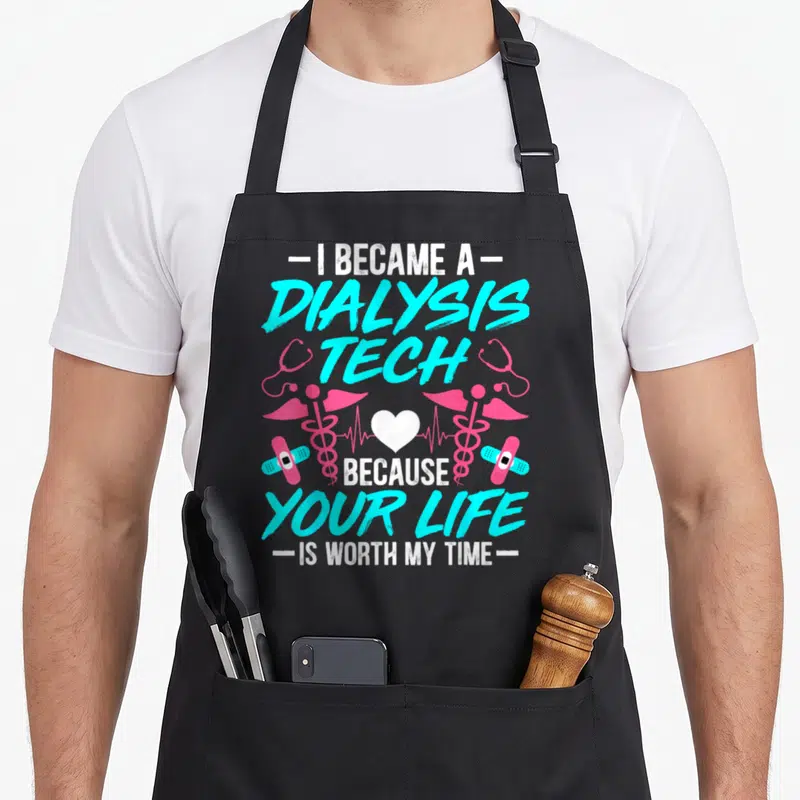 Became technician life apron - Stacked cyan dialysis tech text with pink caducei stethoscope heart and bandage medical — shown on a black cotton canvas apron against a white background