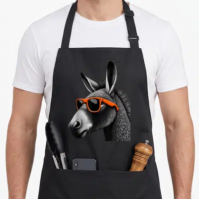 Sunglass mule apron - Realistic donkey head wearing orange sunglasses in grey and black stippling art — shown on a black cotton canvas apron against a white background