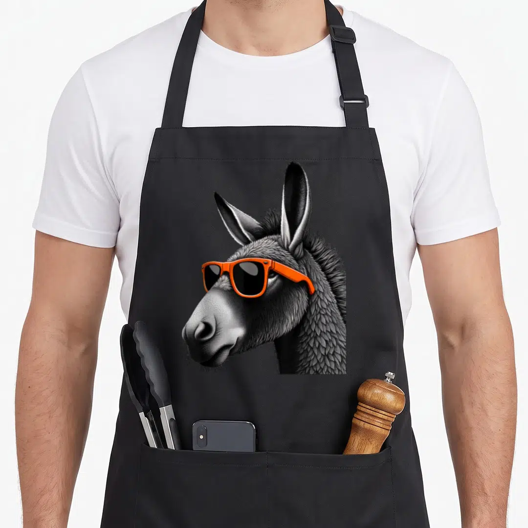 Sunglass mule apron - Realistic donkey head wearing orange sunglasses in grey and black stippling art — shown on a black cotton canvas apron against a white background