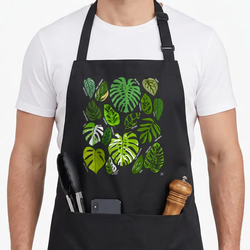 Monstera plant apron - Cluster of green and white variegated monstera leaves with white scientific names like Deliciosa — shown on a black cotton canvas apron against a white background