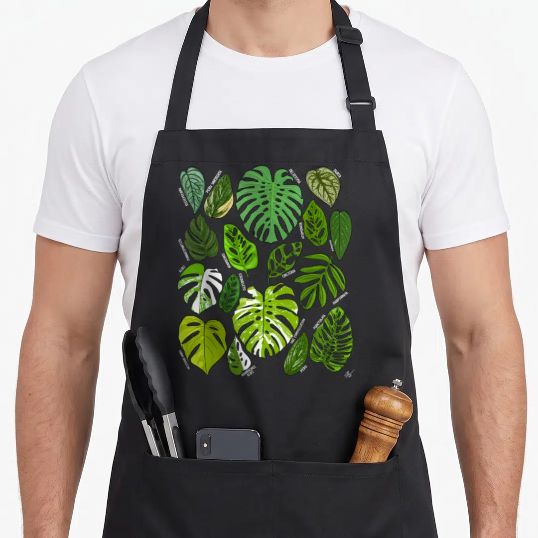 Monstera plant apron - Cluster of green and white variegated monstera leaves with white scientific names like Deliciosa — shown on a black cotton canvas apron against a white background